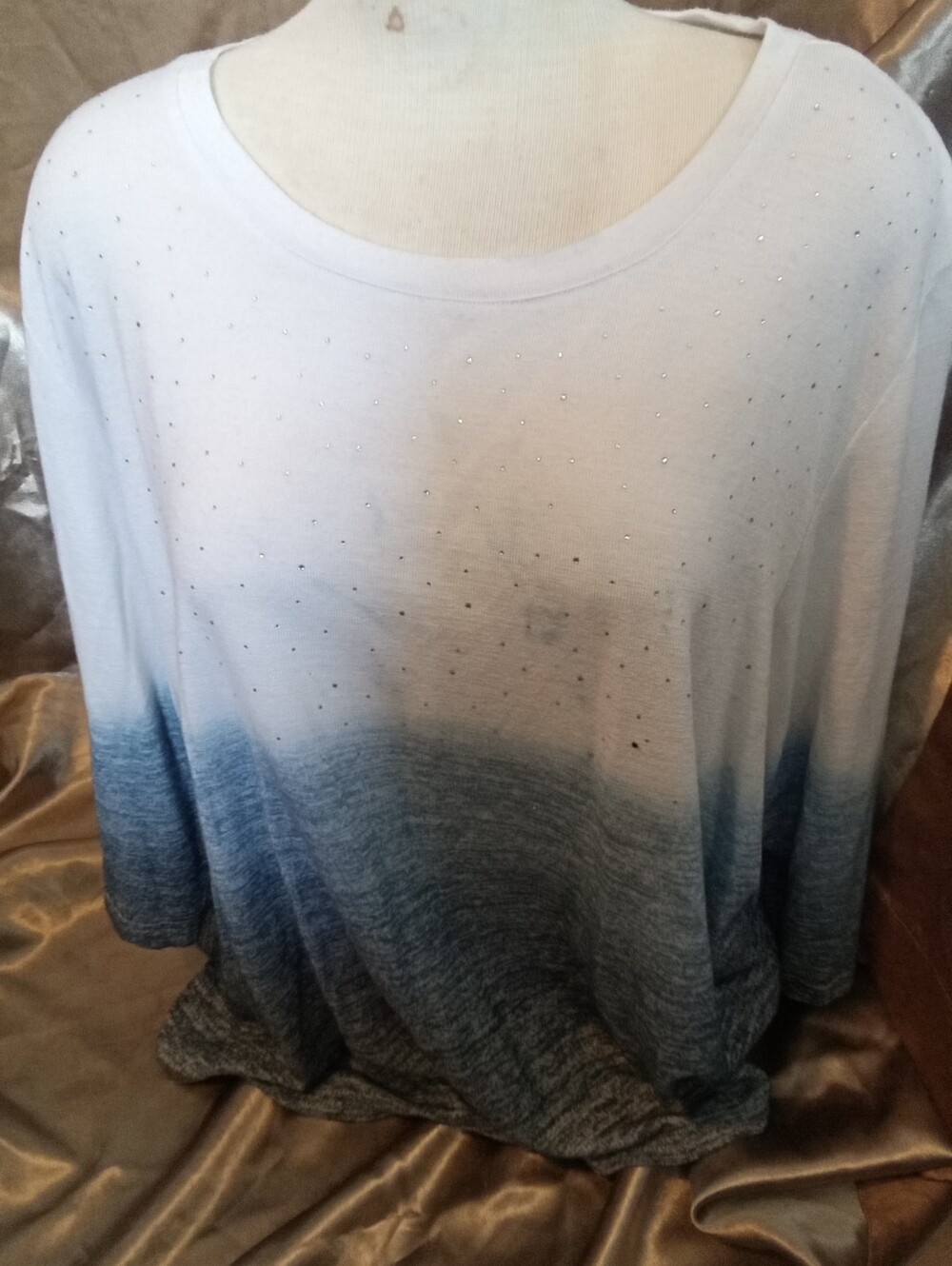 #659 Women's Ombre Scoop Neck Top with Rhinestone Detail - White to Blue